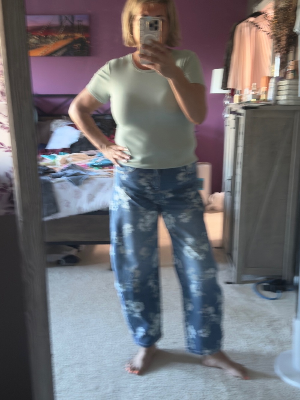 Galita Womens white and green Floral Denim Barrel Pants